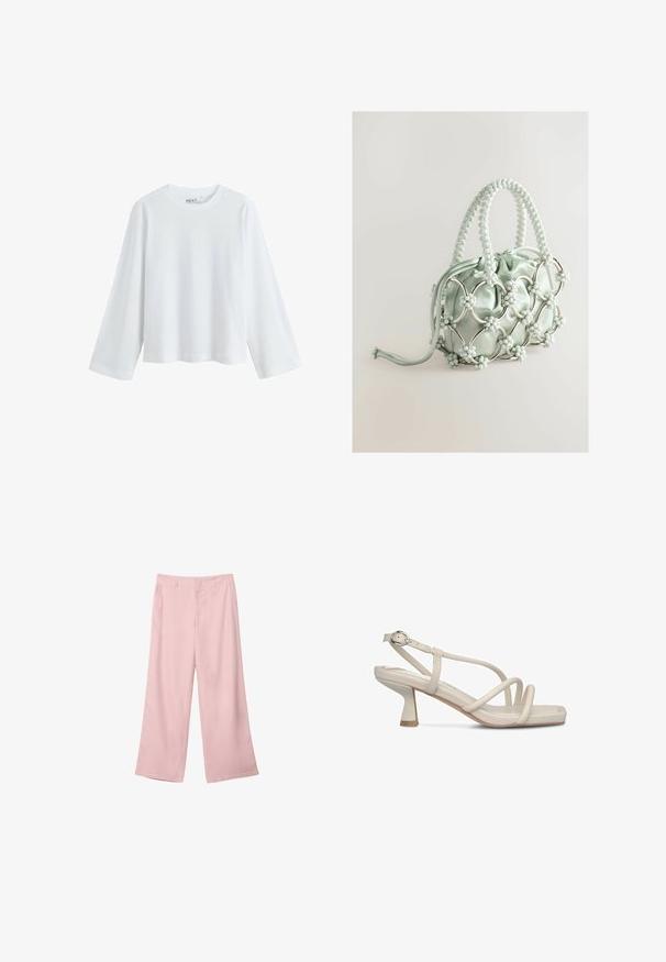White, long-sleeve t-shirt made from soft cotton, featuring a round neckline and drop-shoulder design, with a relaxed fit and no visible patterns.; Light pink wide-leg pants made of smooth fabric. Features a structured waistband and straight, flowing legs, with no visible patterns or hardware.; Beige strappy sandal with a block heel, smooth synthetic material, square toe, and adjustable ankle strap with a silver buckle.; Next Handbag - blue