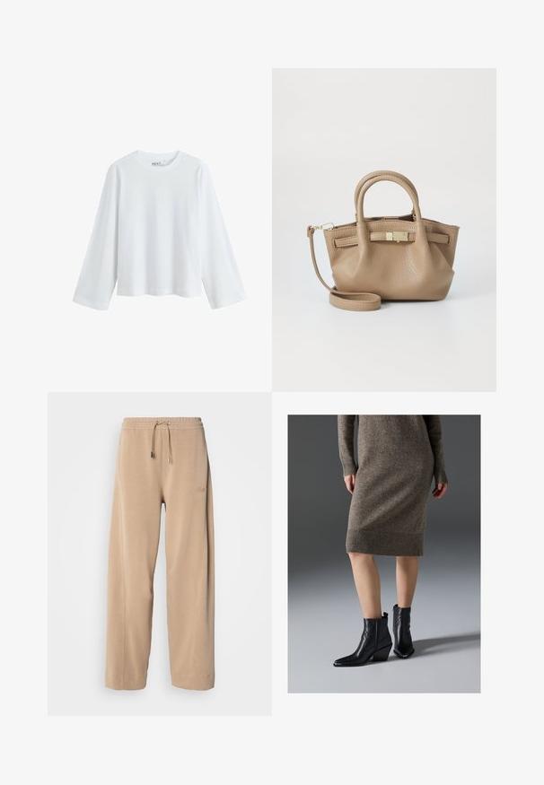 Weißes Langarm-T-Shirt aus weicher Baumwolle, mit rundem Ausschnitt und Raglanärmeln, lockerer Passform und ohne sichtbare Muster.; Beige, weit geschnittene Hose aus weichem Stoff mit elastischem Bund und Kordelzug. Mit dezentem Branding an der Seite und seitlichen Taschen.; Schwarze Lederstiefeletten mit einer spitzen Zehe, einem klobigen Absatz und Zickzack-Stitching-Details, kombiniert mit einem gerippten, braunen Strickkleid.; Taschen aus braunem Leder mit doppelten Griffen und einem abnehmbaren Schultergurt. Verfügt über einen goldfarbenen Verschluss und eine strukturierte Oberfläche.; Silberne Creolen mit einer glatten, polierten Oberfläche. Runder Form und sicherem Klickverschluss. Leichtes Design, geeignet für den täglichen Gebrauch.