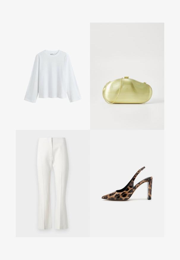 T-shirt blanc à manches longues en coton doux, avec un col rond et un design à épaule tombante, offrant une coupe décontractée et sans motifs visibles.; Pantalons blancs ajustés avec un bas évasé, présentant un devant plat, sans poches, et un tissu lisse.; Escarpin à dos nu en imprimé léopard avec un bout pointu et un talon bloc transparent. Fabriqué en matériau brillant avec une texture lisse.; Pochette en or métallique avec une forme allongée et arrondie, dotée d'une chaîne et d'une fermeture à clip. Surface lisse et réfléchissante.; Boucles d'oreilles en argent avec une finition lisse et polie. Forme ronde et fermeture à clip sécurisée. Design léger adapté pour un port quotidien.