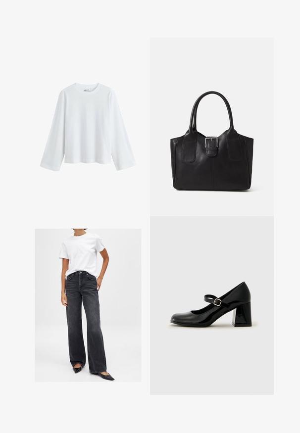 Valge, pikakäistelise T-särk, mis on valmistatud pehmest puuvillast, ümarate kaeluste ja langenud õlavarre disainiga, lõdvaist sobivusega ja ilma nähtavate mustriteta.; Mustad laiad teksad kõrge vöökoht, viis taskut ja peened plekid. Kombineeritud lihtsa valge T-särgiga ja mustade terava ninaga ballerinatega.; Must musta nahk kingad Mary Jane stiilis, ümarate varvastega, reguleeritava rihmaga ja paksu ristküliku kujulise kontsaga. Sile tekstuur läikiva viimistlusega.; Mustgamma nahast kott, millel on sile tekstuur, struktureeritud kuju, kaks käepidet ja esiküljel silmapaistev hõbedane pandla detail.