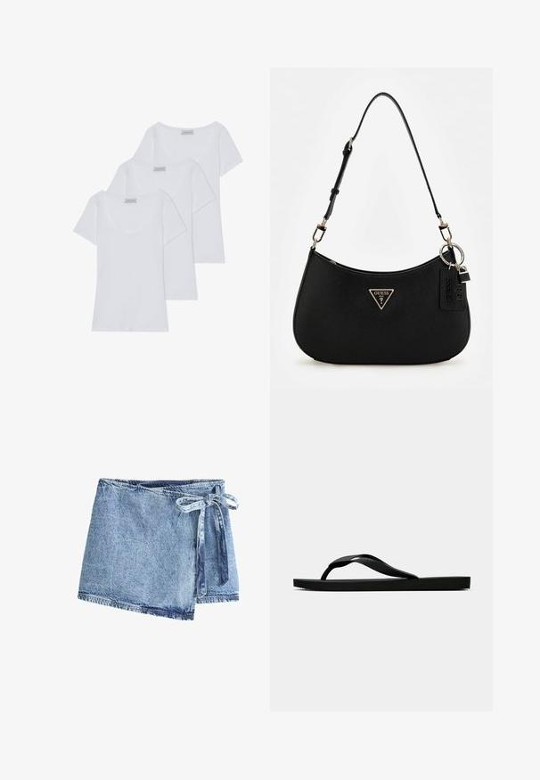 Tři bílé bavlněné trička s krátkým rukávem a kulatým výstřihem, s hladkou texturou a konzistentním designem.; Džínová zavinovací sukně v světlé modré barvě, vybavená zavazováním. Tkanina má texturovaný povrch a surový lem s kontrastními stehy.; Černé gumové žabky s texturovaným páskem a jednoduchou plochou podrážkou, zobrazené z boku na světlém pozadí.; Černá syntetická taška přes rameno s zakřivenou siluetou, strukturovaným povrchem, zlatým trojúhelníkovým logem a odnímatelnými kovovými akcenty.