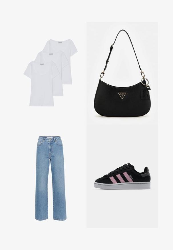 Trys baltos medvilninės marškinėliai su trumpomis rankovėmis ir apvalia iškirpte, turintys lygų paviršių ir vienodą dizainą.; Šviesiai mėlynos plačios džinsinės kelnės, pagamintos iš denimo, su aukštu liemeniu, penkių kišenių dizainu ir sklandžiu apvadu, minimaliai nublukusios.; Juodas zomšinės sportbačiai su rožine trijų juostelių dizaino, pilku guminiu padu ir tekstūruota liežuvėliu. Pridedama prekės ženklas šone ir kulne.; Juodas sintetinės medžiagos petinės rankinės su lenkta siluetu, tekstūruota apdaila, auksiniu trikampiu logotipu ir nuimamais aksesuarais.; Gėlavandenių perlų vėrinys su vienodais apvaliais baltais perlais, užbaigtas sidabriniu užsegimu ir prailginimo grandinėle, leidžiančia reguliuoti ilgį.