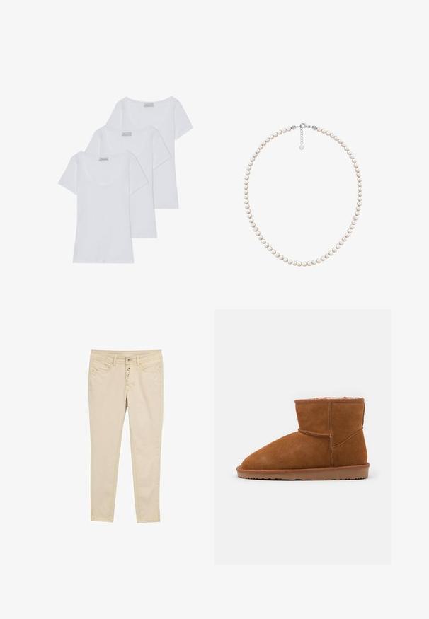 Trys baltos medvilninės marškinėliai su trumpomis rankovėmis ir apvalia iškirpte, turintys lygų paviršių ir vienodą dizainą.; Bežiniai medvilniniai siauručiai džinsai su penkių mygtukų uždarymu, priekinėmis kišenėmis ir subtiliomis siuvimo detalėmis. Lygus paviršius ir prigludęs dizainas.; Rudos suediniai auliniai batai iki kulkšnies su apvalia nosimi ir minkšta pamušalo, turi plokščią guminę padą ir minimalų siuvinėjimo detalizavimą.; Gėlavandenių perlų vėrinys su vienodais apvaliais baltais perlais, užbaigtas sidabriniu užsegimu ir prailginimo grandinėle, leidžiančia reguliuoti ilgį.