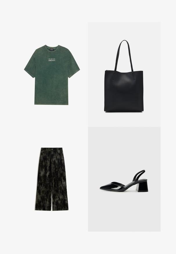 Zöld pamut póló kerek nyakkal és rövid ujjakkal. A fehér színű, elhalványult nyomtatott szöveg olvasható: "MERÜLJ EL A BÉKÉBEN". Puha tapintású.; Fekete és sötétszürke széles szárú nadrág, texturált, foltos mintával, elülső zsebekkel, gombos záródással és övhurkokkal.; Fekete lakk bőr szandálkés magas sarkú cipő, hegyes orral és geometrikus tömbsarkakkal. Karcsú, minimalista dizájn és sima textúra jellemzi.; Fekete bőrtáska sima felszínnel, téglalap alakú, két hosszú füllel. Nincs látható fémkiegészítő vagy díszítés.