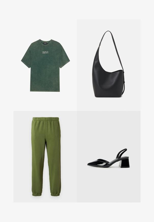 Zelené bavlnené tričko s okrúhlym výstrihom a krátkymi rukávmi. Obsahuje vyblednutý potlačový text "DIVE DEEP INTO SERENITY" v bielej farbe. Mäkká textúra.; Zelené tepláky vyrobené z mäkkej látky. Elastický pás a manžety. Rovný strih bez vzorov alebo viditeľného hardvéru.; Čierne lakované kožené sandálové podpätky s špicatou špičkou a geometrickým blokovým podpätkom. Disponujú elegantným, minimalistickým dizajnom a hladkým povrchom.; Čierna kožená hobo taška so hladkou textúrou, zakriveným tvarom a jedným nastaviteľným popruhom; má široké otvorenie na vrchu.