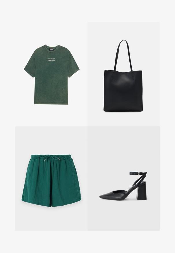T-shirt in cotone verde con scollatura rotonda e maniche corte. Presenta una stampa sbiadita della scritta "DIVE DEEP INTO SERENITY" in bianco. Texture morbida.; Shorts verdi, leggeri, con vita elasticizzata e coulisse. Presentano un tessuto testurizzato con un aspetto morbido e spiegazzato.; Pump in pelle nera con punta affusolata, cinturino alla caviglia e tacco spesso. Texture piatta, design elegante ed estetica minimalista.; Borsa tote in pelle nera con texture liscia, forma rettangolare e due manici lunghi. Nessun hardware o decorazione visibile.