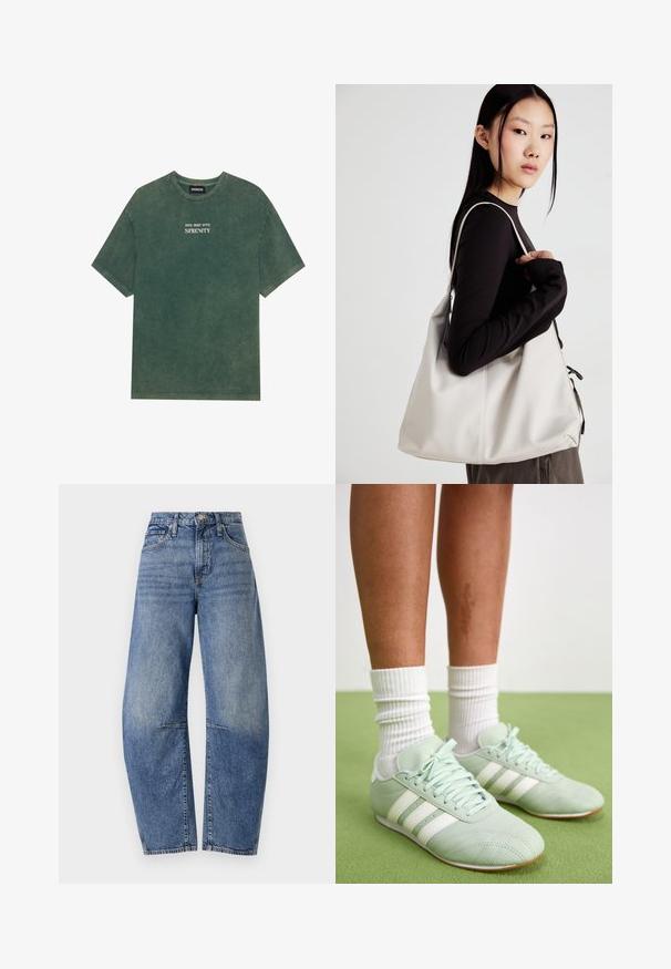 Tricou din bumbac verde cu guler rotund și mâneci scurte. Prezintă un text imprimat decolorat "DIVE DEEP INTO SERENITY" în alb. Textură moale.; Blugi din denim albastru cu talie înaltă, cu o potrivire relaxată, având un design clasic cu cinci buzunare și cusături vizibile de-a lungul cusăturilor.; Pantofi sport mint cu dungi albe, textură de piele netedă, vârf rotunjit și talpă din cauciuc, asortați cu șosete albe cu model în relief.; Geantă bej din material moale, cu un design lejer, detalii cusute și două bretele pentru umăr. Potrivită pentru utilizarea zilnică.