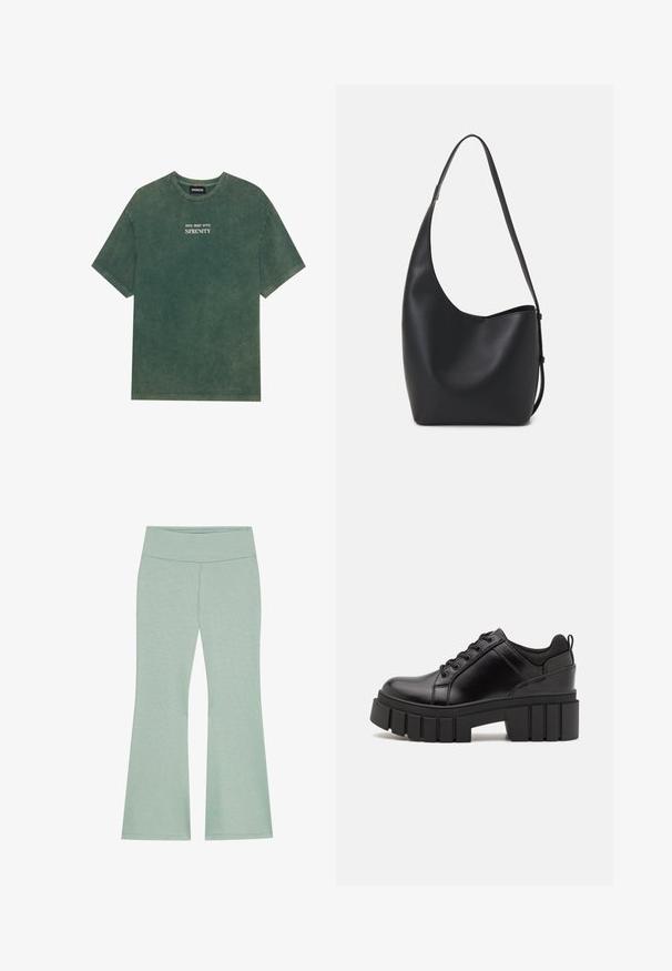 Zöld pamut póló kerek nyakkal és rövid ujjakkal. A fehér színű, elhalványult nyomtatott szöveg olvasható: "MERÜLJ EL A BÉKÉBEN". Puha tapintású.; Világoszöld, széles derékpánttal ellátott, bő szárú nadrág, puha, texturált anyagból készült. Az anyagon finom melírozott minta található.; Fekete bőr platform cipők vaskos blokk sarkakkal, kerek orral és hagyományos fűzős kialakítással. Simára csiszolt felület és minimális részletezés jellemzi.; Fekete bőr hobo táska sima textúrával, ívelt formával és egyetlen állítható pánttal; széles nyílás található a tetején.
