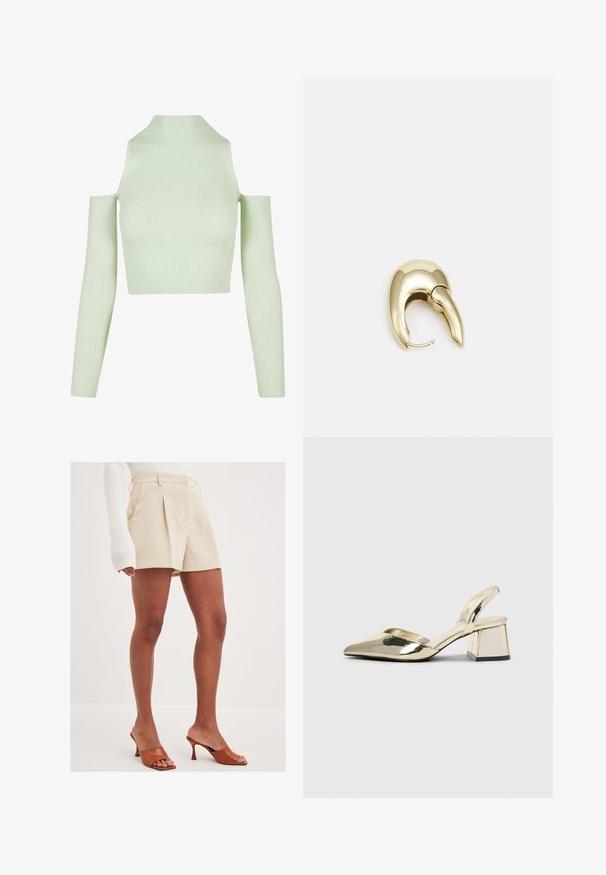 Mėtų žalios spalvos trumpas viršus, su griovelių tekstūra, aukštu kaklu, ilgomis rankovėmis su atvirų pečių detale, prigludęs dizainas.; Bežinės aptemptos šortai su klostėmis ir šoninėmis kišenėmis, pagaminti iš lengvos medžiagos. Derinami su rudomis atvirų pirštų aukštakulniais sandalais.; Auksiniai, metaliniai slingback aukštakulniai bateliai su smailiu pirštu ir masyviu kulnu. Lygus paviršius, minimalizmo dizainas ir siaura juostelė.; Aukso tono metalinės auskarai su stilingu, kreiviu dizainu. Išsiskiria ryškiu smailiu pavidalu, poliruota paviršiumi ir užsegimu su vyriu.