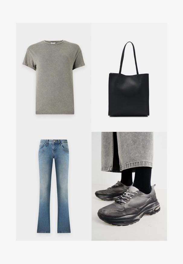 Haalarivihreä t-paita, lyhyet hihat, pyöreä pääntie, pehmeä puuvillamateriaali, hieman kulunut pintakuvio, rento istuvuus.; Vaaleansiniset leveälahkeiset farkut, jotka on valmistettu denimistä. Ominaisuuksiin kuuluu haalistunut pesu, viisi taskua ja nappisulku vyötäröllä, jossa on vyölenkit.; Musta ja harmaa urheilukengät sisältävät verkkomateriaalista valmistetun päällisen, paksut pohjat ja nauhat. Kenkien kärki on pyöristetty ja niissä on näkyvää pehmustusta.; Mustapahkainen kangaskassi, jossa on sileä pinta, suorakaiteen muotoinen ja kaksi pitkää kahvaa. Ei näkyvää metalliosaa tai koristeita.