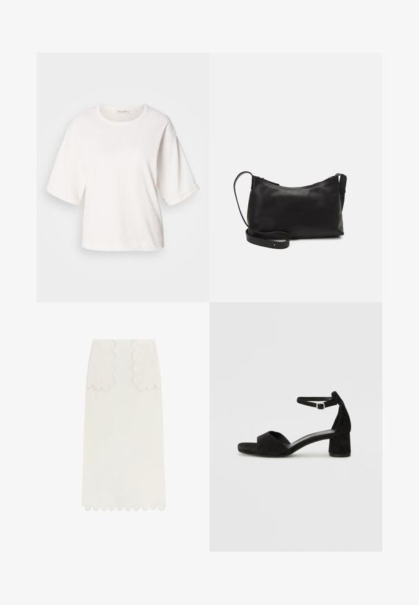 White cotton t-shirt with a relaxed fit, short cuffed sleeves, round neck, and a smooth texture. Simple, minimalistic design.; Scalpers LAIN MIDI - A-line skirt - ecru; Black suede heeled sandals with a thin ankle strap, open toe design, and a modest block heel. Smooth texture and minimal accents.; Black leather shoulder bag with a smooth texture, curved shape, adjustable strap, and a zip closure. Minimalist design without embellishments.