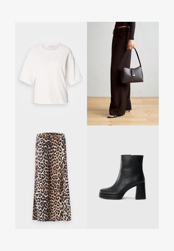 Hvit bomull t-skjorte med en avslappet passform, korte oppbrettede ermer, rund hals og en glatt tekstur. Enkel, minimalisk design.; Vero Moda Maternity VMMJOSIE SKIRT - A-line skjørt - egret; Sorte skinnankelsko med blokkhæl og plattformsåle, sett fra siden på en enkel hvit bakgrunn.; Svart håndveske med strukturert form, jevn tekstur og metallisk lås. Kombinert med brede svarte bukser og sandaler med åpen tå på tregulv.