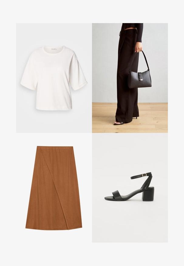Weißes Baumwoll-T-Shirt mit lockerer Passform, kurzen umgeschlagenen Ärmeln, rundem Hals und einer glatten Textur. Einfaches, minimalistisches Design.; Brauner, knielanger Wickelrock aus weichem Stoff. Besitzt ein asymmetrisches Design mit Seitennähten und einer glatten Textur.; Schwarze High Heels Sandalen mit einem glatten Lederoberteil, offener Zehenpartie, breiten Vorderstraps und verstellbarem Knöchelriemen mit einem goldenen Schnallen-Detail.; Schwarze Handtasche mit strukturierter Form, glatter Textur und einem metallischen Verschluss. Kombiniert mit weiten schwarzen Hosen und offenen Sandalen auf einem Holzboden.
