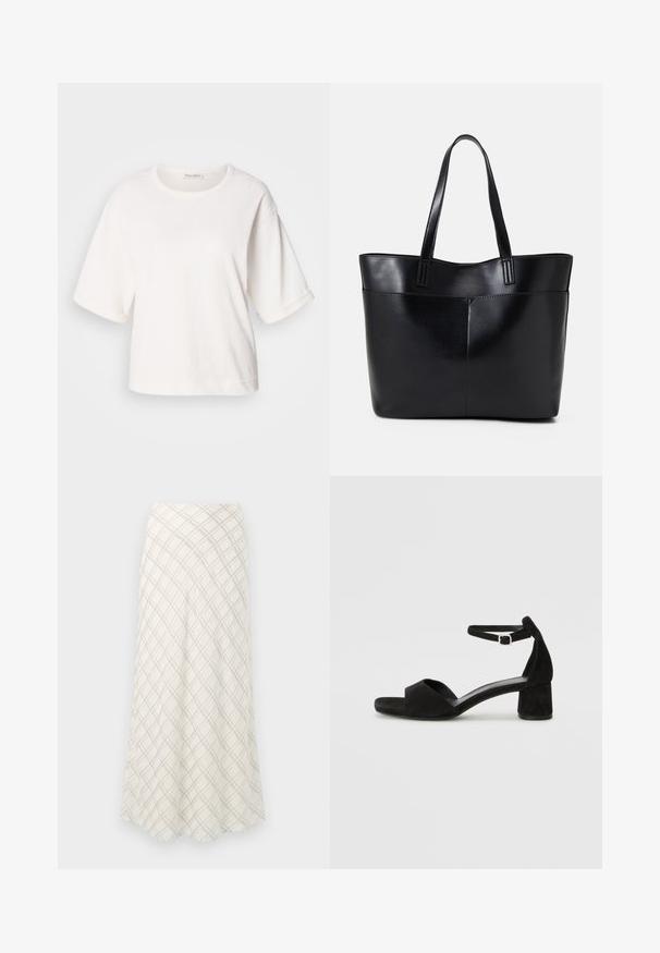 T-shirt en coton blanc avec une coupe décontractée, des manches courtes retroussées, un col rond et une texture lisse. Design simple et minimaliste.; Jupe longue de couleur crème avec un motif à carreaux diagonal gris. Design fluide avec une texture lisse, s'évasant vers l'ourlet.; Sandales à talons en daim noir avec une fine lanière à la cheville, design à bout ouvert et un talon carré modeste. Texture lisse et accents minimalistes.; Sac fourre-tout en cuir noir avec deux longues poignées, une texture lisse et une forme structurée. Dispose d'une poche avant pour un rangement supplémentaire.