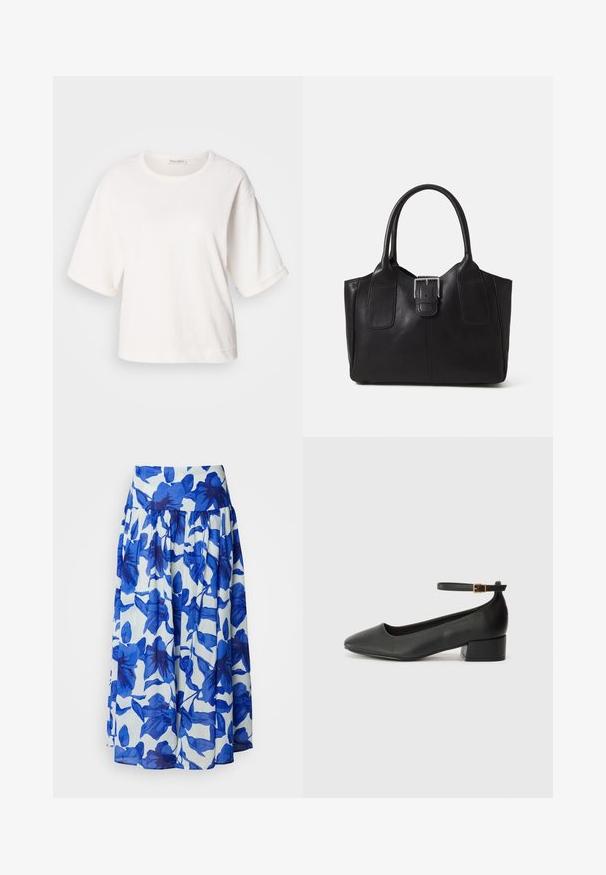 White cotton t-shirt with a relaxed fit, short cuffed sleeves, round neck, and a smooth texture. Simple, minimalistic design.; Flared skirt in lightweight fabric with blue floral pattern on a white background, featuring a high waistband and gathered detail.; Black leather pump with a pointed toe and a low block heel. Features an ankle strap with a gold-tone buckle. Smooth texture.; Black leather tote bag with smooth texture, structured shape, two handles, and a prominent silver buckle detail on the front.