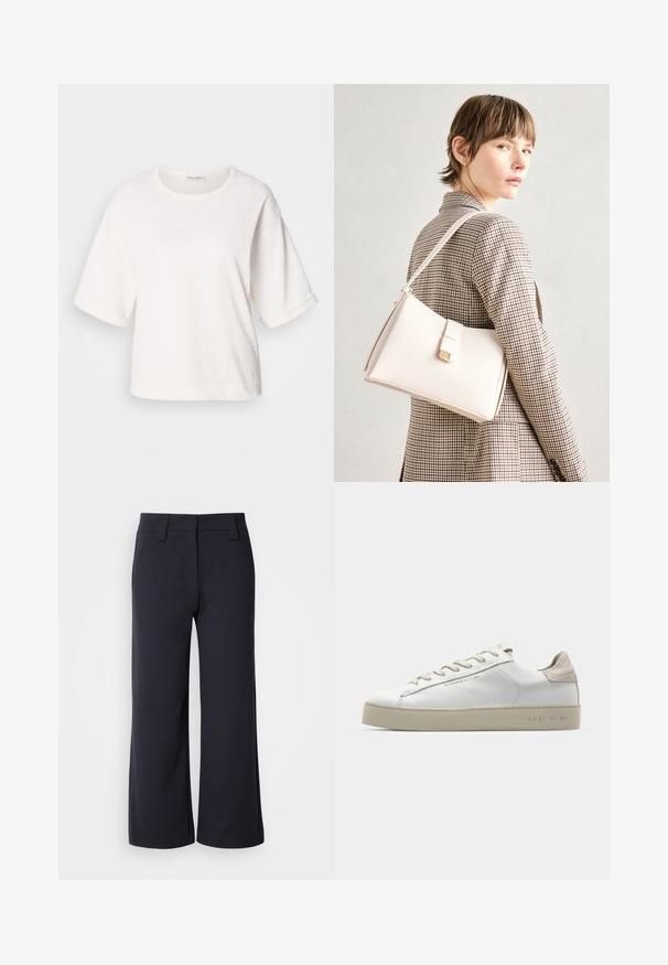 T-shirt branca de algodão com um corte descontraído, mangas curtas com punhos, gola redonda e uma textura suave. Design simples e minimalista.; Calças largas de tecido azul marinho escuro. Apresentam uma frente lisa, passantes para cinto e bolsos laterais. O material é suave com um ligeiro alongamento.; Sapatilha de couro branca com um acabamento suave, detalhes em camurça bege, bico redondo, design de atacador plano e sola de borracha texturizada.; Bolsa de mão em couro branco com um design estruturado, apresentando um fecho magnético e uma alça de ombro, exibida sobre um fundo neutro.