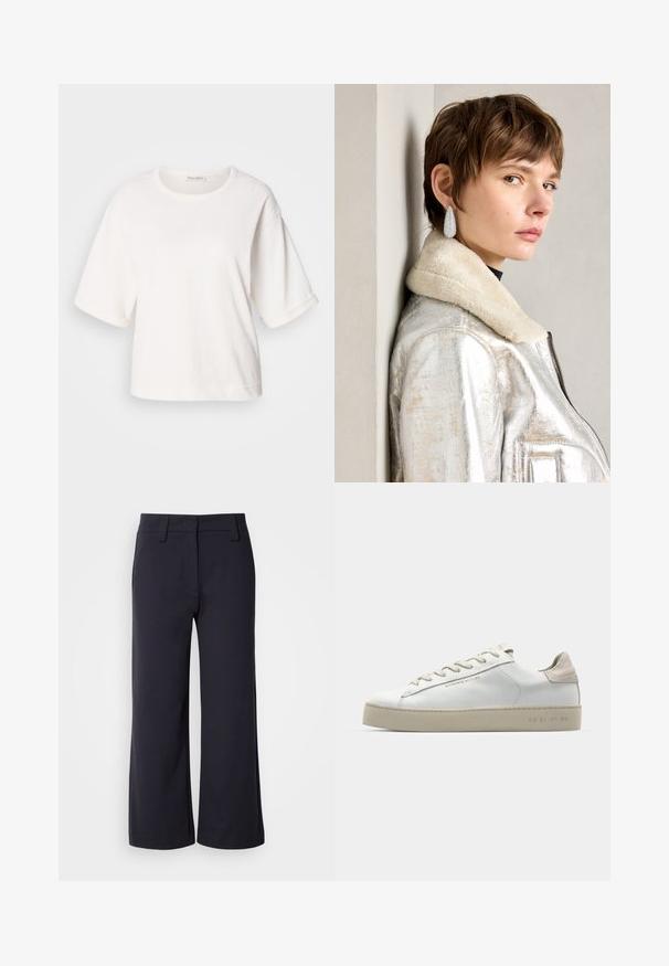 Hvit bomull t-skjorte med en avslappet passform, korte oppbrettede ermer, rund hals og en glatt tekstur. Enkel, minimalisk design.; Vide benbukser i mørk navy-stof. Har flad front, bæltesløjfer og sidelommer. Materialet er glat med en let stræk.; Hvit lær sneakers med en glatt finish, aksenter i beige semsket skinn, rund tå, flat snøring og en teksturert gummisåle.; Sølvmetallisk lærjakke med lammeskinnskrage, med glidelås og strukturert overflate. Store dråpeformede øredobber med klare edelstener.
