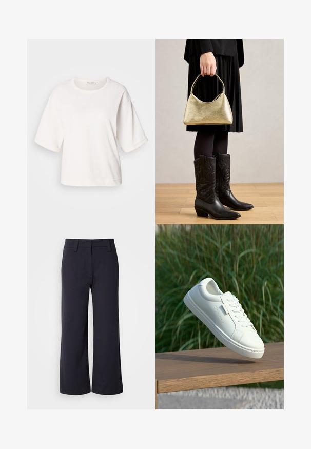 T-shirt branca de algodão com um corte descontraído, mangas curtas com punhos, gola redonda e uma textura suave. Design simples e minimalista.; Calças largas de tecido azul marinho escuro. Apresentam uma frente lisa, passantes para cinto e bolsos laterais. O material é suave com um ligeiro alongamento.; Sapatilha de couro branca com atacadores flutuando acima de um banco de madeira, com erva alta verde desfocada ao fundo ao ar livre.; Bolsa de mão texturizada em dourado com uma forma curva e alça curta, segurada por uma pessoa que usa uma saia plissada preta e botas de cowboy pretas em couro.