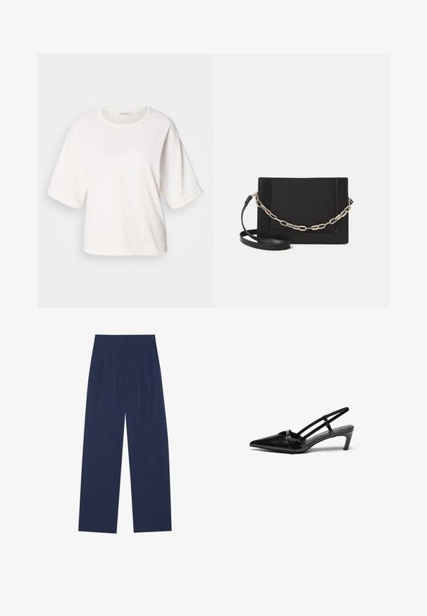 Balta medvilnės marškinėliai su laisvu siluetu, trumpomis rankovėmis su užlenkimais, apvaliu iškirpimu ir lygiu paviršiumi. Paprastas, minimalistiškas dizainas.; Tamsiai mėlynos plačios kelnės, pagamintos iš minkštos medžiagos, su priekiniu raukiniu, lygiu paviršiumi ir tiesiu siluetu be matomų kišenių.; Juodos blizgios lakinės odos aukštakulniai su atvira kulkšne, smailiu pirštu, plonais kulkšnių dirželiais ir vidutinio aukščio bloko formos kulnu. Papuošti mažu sagties detalė.; Juodas odinis per petį nešiojamas krepšys turi lygų paviršių, stačiakampio formą ir metalinę grandinėlę priekyje. Pridedama reguliuojama dirželis.