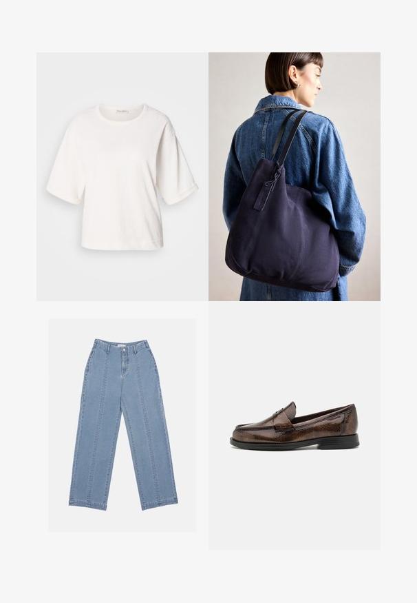 Hvit bomull t-skjorte med en avslappet passform, korte oppbrettede ermer, rund hals og en glatt tekstur. Enkel, minimalisk design.; Lys blå vide jeans laget av denim. Har høy livlinje, knapplukking og synlige sømmer. Ingen lommer er synlige foran.; Brune skinnloafere med teksturert finish, rund tå og lav svart gummisåle. Har et klassisk penny-stripe design.; Marine lerrets skulderveske med en myk, strukturert form, som har en svart stropp, sydd detaljer og en liten merkeflagg.