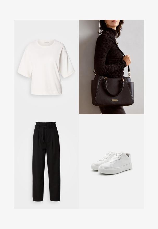 Valge puuvillane T-särk, millel on mugav lõige, lühikesed volditud varrukad, ümmargune kaelus ja sile tekstuur. Lihtne, minimalistlik disain.; Mustad kõrge vöökohtadega püksid laia jala ja eesriidega, mis on varustatud kangast vööd ringikujulise pandlaga. Sujuv tekstuur ja kohandatud disain.; Valged madalad sportlikud kingad, millel on siledast kanvase pealistest, ümar varvas ja paks kummitald. Omavad sidumisfronti ja minimalistiilist disaini.; Musthave must kott, millel on tekstuurne pind, kaks ülemist käepidet ja reguleeritav õlarihm. Omab kuldse tooni riistu ja külgtaskuid.