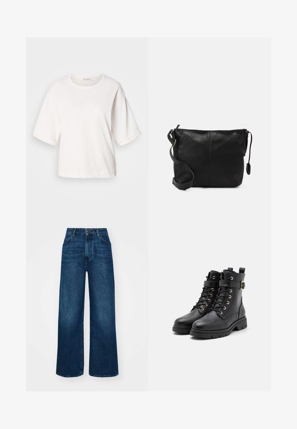 White cotton t-shirt with a relaxed fit, short cuffed sleeves, round neck, and a smooth texture. Simple, minimalistic design.; High-waisted, wide-leg jeans in dark blue denim with a smooth texture, contrast stitching, and five-pocket design. Front button closure.; Black leather ankle boots with a round toe, lace-up design, gold eyelets, buckle accent, and a chunky, textured sole.; Black leather crossbody bag with a flat shape, gold hardware accents, and an adjustable strap. Smooth texture with minimal stitching details.
