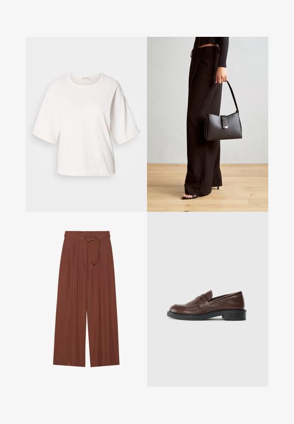 Biela bavlnená tričko s voľným strihom, krátkymi rukávmi s manžetami, okrúhlym výstrihom a hladkou textúrou. Jednoduchý, minimalistic design.; Hnedé široké nohavice vyrobené z látky, s opaskom so štvorcovou prackou, s nariaseným dizajnom a hladkou textúrou.; Hnedé kožené loafers s okrúhlou špičkou, s dekoračným remienkom cez vrchnú časť, a nízkym, textúrovaným čiernym gumovým podpätkom.; Čierna kabelka so štruktúrovaným tvarom, hladkou textúrou a kovovou sponou. V kombinácii so širokými čiernymi nohavicami a sandálmi s otvorenou špičkou na drevenej podlahe.
