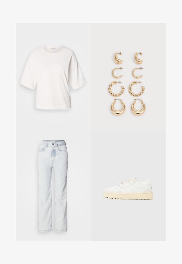 Fehér pamut póló laza szabással, rövid, felhajtott ujjakkal, kerek nyakkal és sima textúrával. Egyszerű, minimalista dizájn.; Világoskék, magas derekú farmernadrág, egyenes szárú fazonnal, denimből készült. Gombos zipzárral, öt zsebes kialakítással és finoman elhalványodott textúrával rendelkezik.; Fehér sneaker texturált bőr felső résszel, bézs kiegészítőkkel, kerek orral és vastag, texturált gumitalppal. Hat fűzőlyukkal rendelkezik.; Öt darab arany fülbevaló szett, különböző mintákkal: csavart, bordázott és sima felületek karika és félhold formákban.