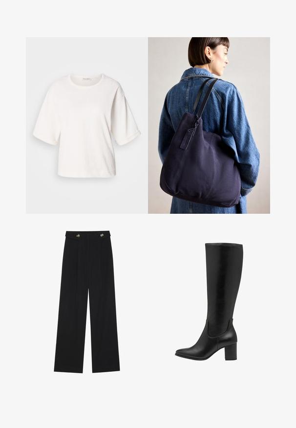 Biela bavlnená tričko s voľným strihom, krátkymi rukávmi s manžetami, okrúhlym výstrihom a hladkou textúrou. Jednoduchý, minimalistic design.; Čierne široké nohavice s vysokým pásom, so zapínaním na gombíky na páse a prednými sklady.; Čierne vysoké čižmy vyrobené z hladkej kože. Majú zúženú špičku, blokový podpätok a elastické bočné panely pre ľahké obúvanie.; Námorná plátenná taška na rameno s mäkkým, štruktúrovaným tvarom, vybavená čiernym popruhom, prešívaním a malou značkovou visačkou.
