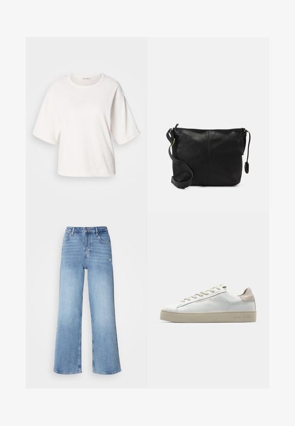 White cotton t-shirt with a relaxed fit, short cuffed sleeves, round neck, and a smooth texture. Simple, minimalistic design.; Light blue wide-leg jeans made of denim, featuring a high waist, five-pocket design, and subtle distressing on the right thigh.; White leather sneaker with a smooth finish, beige suede accents, round toe, flat lace-up design, and a textured rubber sole.; Black leather crossbody bag with a flat shape, gold hardware accents, and an adjustable strap. Smooth texture with minimal stitching details.