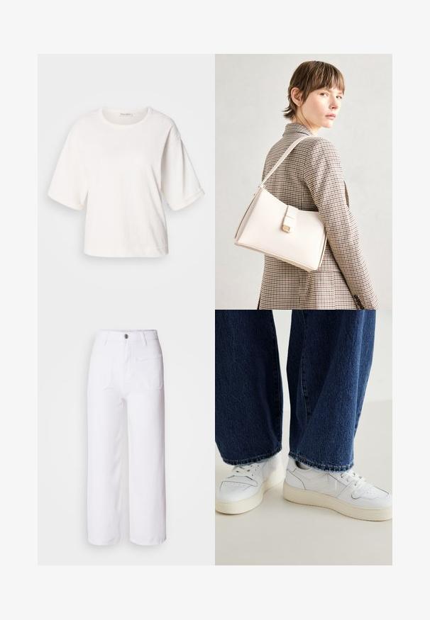 Balts kokvilnas T-krekls ar brīvu piegriezumu, īsām piegriezta piedurknēm, apaļu kaklu un gludu tekstūru. Vienkāršs, minimāls dizains.; Baltas denims ar platām kājām, ar pogu aizdari, jostas cilpām, divām priekšējām kabatām un vienu aizmugurējo kabatu. Izturīgs un struktūras audums.; Baltas čības ar tekstūras detaļām un bēšām akcentēm, saskaņotas ar tumši ziliem platām kājām džinsiem ar saplēstiem malām.; Balta ādas rokassoma ar strukturētu dizainu, kurai ir magnētiska aizdare un plecu josta, parādīta uz neitrāla fona.