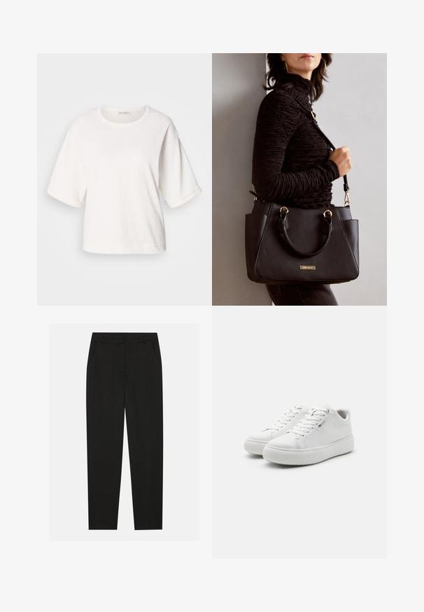 White cotton t-shirt with a relaxed fit, short cuffed sleeves, round neck, and a smooth texture. Simple, minimalistic design.; Black trousers with a tailored design, featuring side pockets and a straight leg. Made from smooth, lightweight fabric with a sleek finish.; White low-top sneakers with a smooth canvas upper, round toe, and thick rubber sole. Features lace-up front and minimalistic design.; Black handbag with textured surface, dual top handles, and adjustable shoulder strap. Features gold-tone hardware and side pockets.