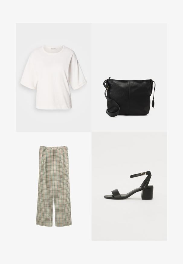 Tricou alb din bumbac, cu o croială relaxată, mâneci scurte și răsucite, guler rotund și o textură netedă. Design simplu, minimalist.; Pantaloni largi dintr-un material carouri bej, cu accente verzi și bleumarin, având pliseuri frontale și un finisaj texturat.; Sandale cu toc înalt negre, cu un superior din piele netedă, vârf deschis, curele frontale late și curea pentru gleznă ajustabilă cu detaliu din aur.; Geantă de umăr din piele neagră, cu o formă plată, accente de metal auriu și o curea ajustabilă. Textură netedă cu detalii de cusătură minime.