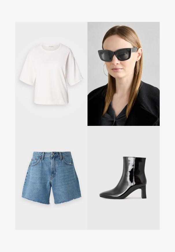 Valge puuvillane T-särk, millel on mugav lõige, lühikesed volditud varrukad, ümmargune kaelus ja sile tekstuur. Lihtne, minimalistlik disain.; Abercrombie & Fitch CURVE LOVE SHORT - Lühikesed teksad - light blue denim; Must-sinine nahkjalats musta läikiva viimistlusega, millel on terav nina ja keskmise kõrgusega plokk konts. Sile tekstuur ja minimalistik disain.; Must musta prillid tumedate läätsedega, paksude raamidega ja tagasihoidlike aktsentidega. Kantud musta jope ja halli särkiga, pikki sirgeid juukseid kandes.; Pruun nahast tote-kott, millel on sile tekstuur, avatud ülaosa disain ja kaks õlarihma. Omab minimaalset õmblust ja nähtavat riistvara ei ole.