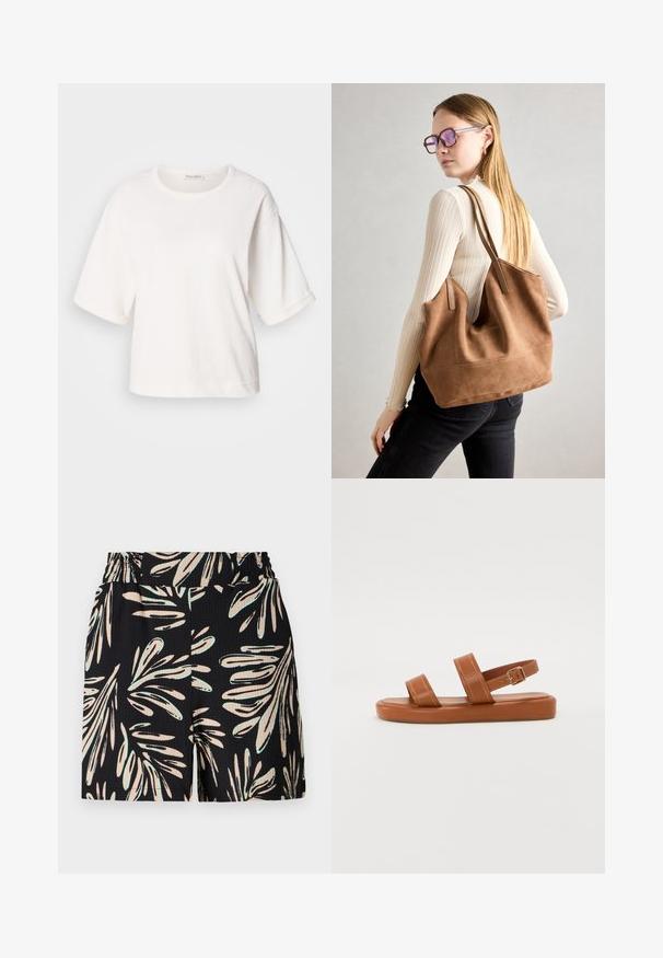 Vit bomulls T-shirt med avslappnad passform, korta uppvikta ärmar, rund hals och en slät yta. Enkel, minimalistisk design.; Svarta shorts med ett bladmönster i ljusbeige och mintgrön, med en texturerad tyg och elastisk midja.; Bruna lädersandaler med två breda remmar och en bakrem, med en platt sula som har diskreta sömmar och en metallspänne som accent.; Brun mocka toteväska med mjuk textur, stor öppning och långa axelremmar. Har en enkel design med synliga sömmar och ingen hårdvara.