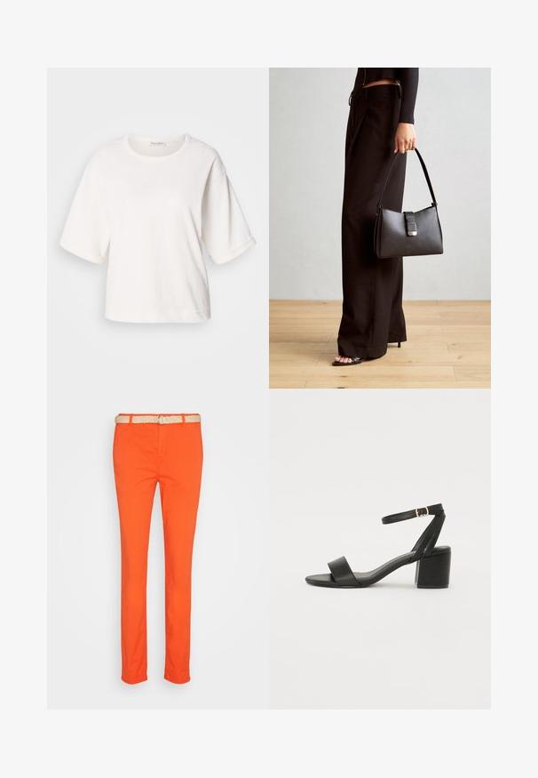 Balts kokvilnas T-krekls ar brīvu piegriezumu, īsām piegriezta piedurknēm, apaļu kaklu un gludu tekstūru. Vienkāršs, minimāls dizains.; Esprit MIT GÜRTEL - Chinos tipa bikses - bright orange; Melnas papēžu sērijas sandales ar gludu ādas virsmojumu, atvērtu pirkstu, platām priekšējām siksnām un regulējamu potītes siksnu ar zelta sprādzi.; Melnā somiņa ar strukturētu formu, gludu tekstūru un metālu sprādzi. Saskaņota ar platām melnām biksēm un sandālēm ar atvērtu purngalu uz koka grīdas.