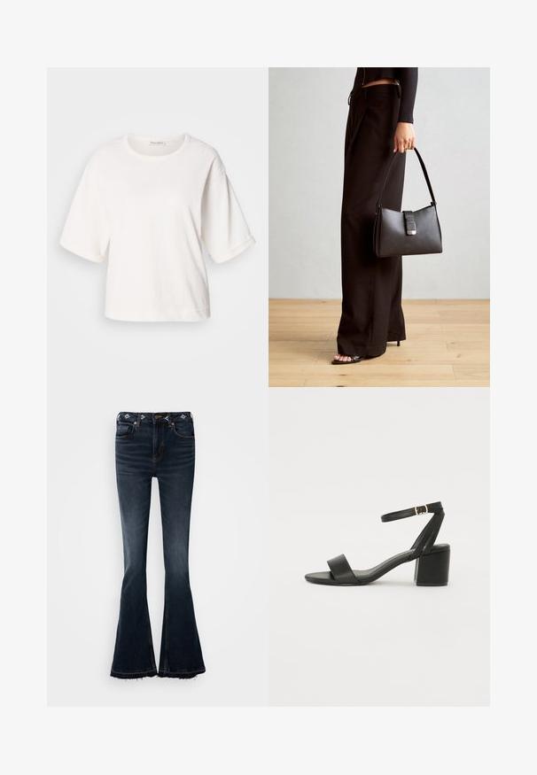 Weißes Baumwoll-T-Shirt mit lockerer Passform, kurzen umgeschlagenen Ärmeln, rundem Hals und einer glatten Textur. Einfaches, minimalistisches Design.; Dunkelblaue ausgestellte Jeans mit hoher Taille, die dekorative Nähte nahe dem Bund und rohe Kanten am Saum aufweisen.; Schwarze High Heels Sandalen mit einem glatten Lederoberteil, offener Zehenpartie, breiten Vorderstraps und verstellbarem Knöchelriemen mit einem goldenen Schnallen-Detail.; Schwarze Handtasche mit strukturierter Form, glatter Textur und einem metallischen Verschluss. Kombiniert mit weiten schwarzen Hosen und offenen Sandalen auf einem Holzboden.