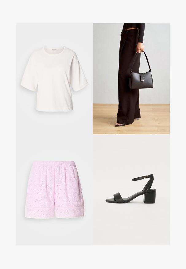 Biela bavlnená tričko s voľným strihom, krátkymi rukávmi s manžetami, okrúhlym výstrihom a hladkou textúrou. Jednoduchý, minimalistic design.; Ružové bavlnené šortky s vyšívaným kvetinovým motívom, elastický pás a čipkový lem na dolnom okraji. Ľahká a priedušná tkanina.; Čierne sandále na podpätku so hladkým koženým vrchom, otvorenou špičkou, širokými prednými prúžkami a nastaviteľným členkovým popruhom so zlatým prackom.; Čierna kabelka so štruktúrovaným tvarom, hladkou textúrou a kovovou sponou. V kombinácii so širokými čiernymi nohavicami a sandálmi s otvorenou špičkou na drevenej podlahe.