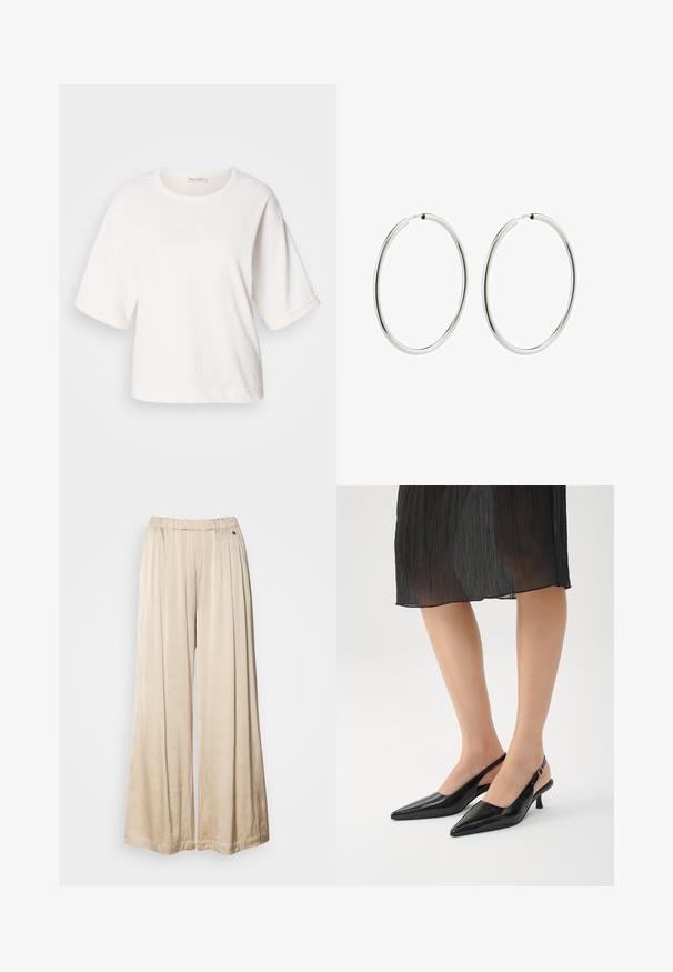 Biela bavlnená tričko s voľným strihom, krátkymi rukávmi s manžetami, okrúhlym výstrihom a hladkou textúrou. Jednoduchý, minimalistic design.; Béžové široké nohavice vyrobené z mäkkej látky, s elastickým pásom a jedným dekoratívnym gombíkom na boku.; Čierne lodičky s špicatou špičkou a otvorenou pätou, s lesklým povrchom a štíhlým podpätkom. Na vrchnej časti je textúrovaný vzor.; Strieborné kruhové náušnice s hladkým, lesklým povrchom. Kružnicový tvar, rovnomerná šírka, navrhnuté pre jednoduché zapínanie. Jednoduché a elegantné.