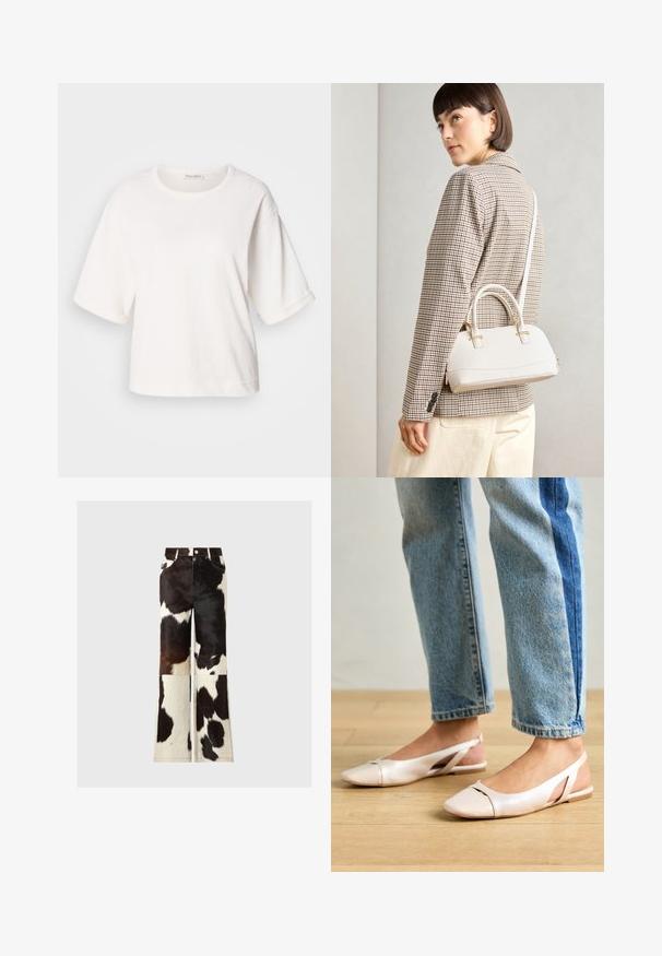 White cotton t-shirt with a relaxed fit, short cuffed sleeves, round neck, and a smooth texture. Simple, minimalistic design.; Cowhide flared pants featuring a patchwork design in black and white colors, with a smooth texture and visible stitching accents.; Pale pink slingback flats with a pointed toe, made from a smooth leather-like material. Features cut-out details at the sides and a flat heel.; White structured handbag with short handles and a shoulder strap, featuring gold hardware accents and textured material, displayed against a grey background.