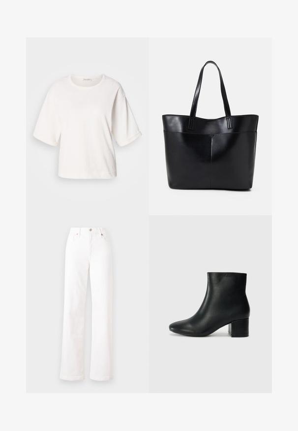 Bela bombažna majica s sproščenim krojem, kratkimi nastavljivimi rokavi, okroglo ovratnikom in gladko teksturo. Preprost, minimalisticen dizajn.; Bela denimska hlače z visokim pasom, ravnim nogavicam, petimi žepi in bakrenimi dodatki. Tkanina je gladka z rahlo elastičnostjo.; Črne usnjene gležnjarje s koničastim nosom in debelim peto. Gladka tekstura z minimalnimi detajli in eleganten, prilegajoč dizajn.; Črna usnjena torba z dvema dolgima ročajema, gladko teksturo in strukturirano obliko. Ima sprednji žep za dodatno shranjevanje.