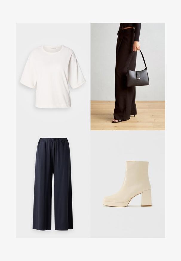 Balts kokvilnas T-krekls ar brīvu piegriezumu, īsām piegriezta piedurknēm, apaļu kaklu un gludu tekstūru. Vienkāršs, minimāls dizains.; Geniem kājām platās bikses tumši zilos audumos ar elastīgu jostasvietu, ar gludu tekstūru un pilnu garumu.; Beige ādas potītes zābaki ar blokveida papēdi un platformas zoli, gluda virsma un nedaudz kvadrātveida purngali, vērsti pa kreisi uz balta fona.; Melnā somiņa ar strukturētu formu, gludu tekstūru un metālu sprādzi. Saskaņota ar platām melnām biksēm un sandālēm ar atvērtu purngalu uz koka grīdas.