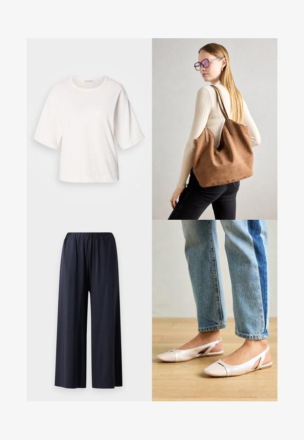 T-shirt branca de algodão com um corte descontraído, mangas curtas com punhos, gola redonda e uma textura suave. Design simples e minimalista.; Pantalões de perna larga em tecido azul-marinho escuro com cintura elástica, apresentando uma textura suave e um design até ao chão.; Sapatilhas slingback de cor rosa pálido com bico fino, feitas de um material semelhante a couro liso. Apresentam detalhes recortados nas laterais e um salto plano.; Bolsa tote em camurça castanha com textura suave, grande abertura e alças longas. Apresenta um design simples com costuras visíveis e sem acessórios.