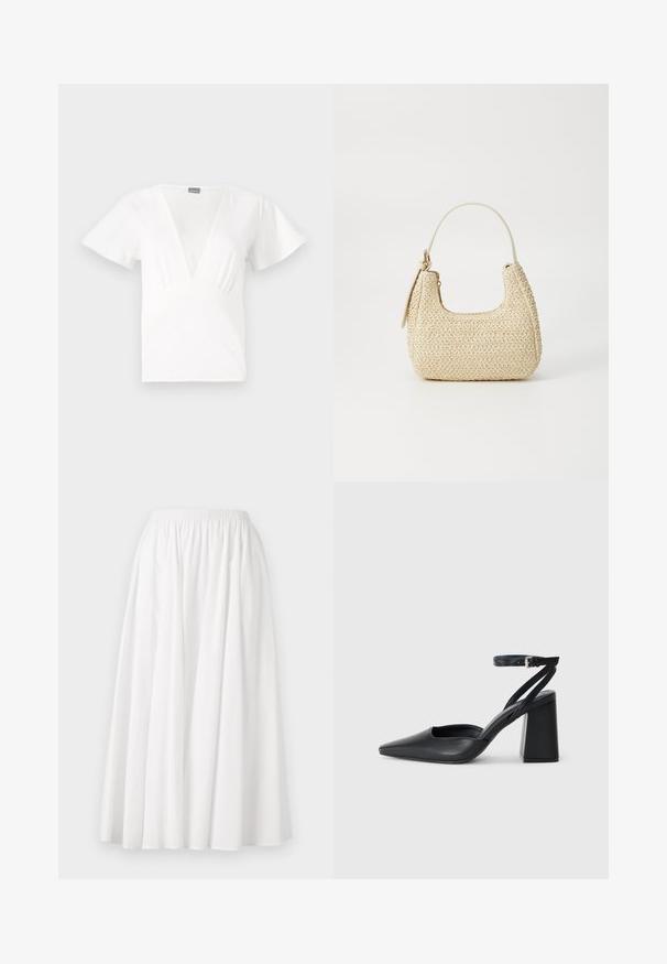 Haut blanc à manches courtes avec un décolleté en V profond et un détail froncé à la taille. Fabriqué en tissu léger et lisse avec une coupe décontractée.; Jupe blanche à mi-mollet en tissu léger, dotée d'une taille élastique et d'un design évasé avec des plis.; Escarpin noir en cuir à bout pointu avec une bride de cheville et un talon épais. Texture lisse, design élégant et esthétique minimaliste.; Sac en paille tressée beige avec une forme courbée, une courte poignée et une fermeture éclair sur le côté. Présente une surface texturée et un design minimaliste.