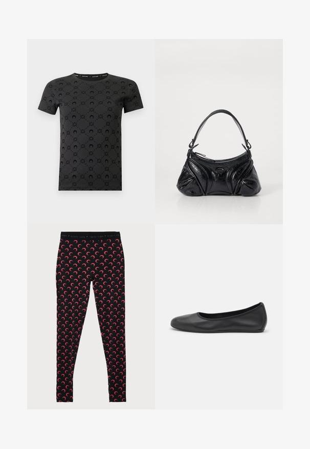 Musta lyhythihainen t-paita, jossa on teksturoitu kuvio ympyröistä ja kukkaismuodoista. Pyöreä pääntie, jonka sisäpuolella kontrastinen merkkilogo.; MARINE SERRE MOON - Leggingsit - black/red; Musta nahkainen ballerina, jossa on pyöristetty kärki, sileä pinta, minimaalinen ommelkoristelu ja joustava pohjamuotoilu.; Musta käsilaukku, joka on valmistettu teksturoidusta nahasta ja jolla on pyöreä muoto. Sisältää ohuen olkahihnan ja koristeellisia kohokuvioituja kuvioita.