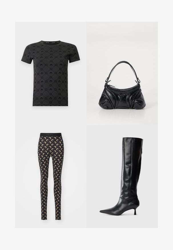 Černé tričko s krátkým rukávem, zdobené texturovaným vzorem kruhů a květinových tvarů. Kulatý výstřih se znakem značky v kontrastní barvě uvnitř.; Černé legíny s opakujícím se vzorem srpkové měsíce v světlé béžové barvě. Vyrobené z elastického materiálu s elastickým pasem.; Černé kožené vysoké boty po kolena s špičatou špičkou a štíhlým zakřiveným podpatkem. Hladký povrch, přiléhavý design a žádné viditelné kování nebo vzory.; Černá kabelka vyrobená z texturované kůže s kulatým tvarem. Obsahuje tenký ramenní popruh a dekorativní reliéfní vzory.