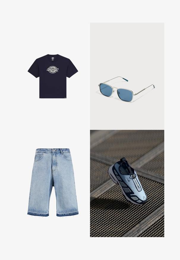 Marinblå kortärmad t-shirt med vitt "Dickies"-logotyp centrerat på bröstet och liten etikett nära nederkanten.; Ljust blå denimshorts med fransad nederkant, med en klassisk femficksdesign och knappstängning fram. Något bleknad tvätt.; Nike-sneaker har en slip-on-design med ljusblå ovandel, svarta accenter och perforerade sidopaneler. Rund tå och texturerad sula.; Solglasögon med en silvermetallram, rektangulära blå linser och tunna skalmar. Har blåa detaljer vid skalmtopparna.