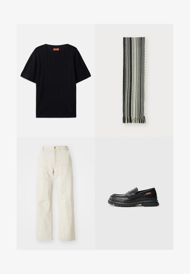 Zwarte T-shirt met korte mouwen, voorzien van een visgraatstructuur, ronde hals en een ontspannen pasvorm. Gemaakt van een lichtgewicht, ademend materiaal.; Beige wijde broek van katoen, met een knoopsluiting, twee zijzakken en een rechte snit, met een gladde textuur.; Zwarte leren loafers met een ronde neus, een lage hak en een dikke, gestructureerde rubberen zool. Voorzien van een gestikte accent en een klein logo aan de zijkant.; Zwart-witte geweven sjaal met een zigzagpatroon, met franjes aan de uiteinden. De stof is zacht en lichtgewicht.