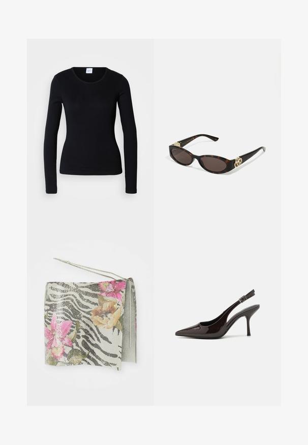 Schwarzes Langarmshirt aus Baumwollmischgewebe, mit Rundhalsausschnitt und tailliertem Schnitt, ohne sichtbare Muster oder Grafiken.; Zebra-muster Clutch mit metallic Netz, versehen mit rosa und orangefarbenen floralen Akzenten. Inklusive silberner Kettenriemen und Quasten-Detail.; Slingback-Pumps aus glänzendem dunklen braunen Lackleder, mit spitzer Zehenpartie, offenen Seiten und verstellbarem Knöchelriemen.; Schildpatt-Sonnenbrille mit länglich-ovalen Gläsern, braunem Farbton, goldenen Logo-Akzenten an den Bügeln und schlanken schwarzen Bügeln.; Bordeauxfarbene Handtasche mit einer geschwungenen Silhouette und einem kurzen Trageriemen, ausgestattet mit einem goldenen Reißverschluss und einem dezenten Calvin Klein-Logo auf der Vorderseite.
