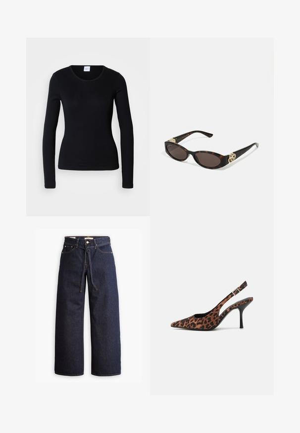 Černá dlouhá rukávová košile vyrobená z bavlněné směsi, s kulatým výstřihem a přiléhavým střihem, bez viditelných vzorů nebo grafik.; Široké tmavě modré džíny se zvýšeným pasem, opatřené stahovací šňůrou, pěti kapsami a kontrastním prošíváním.; Lodičky na vysokém podpatku se zvířecím potiskem, s špičatou špičkou, černým lesklým podpatkem a nastavitelným páskem kolem kotníku. Měkký materiál se strukturovaným povrchem.; Brýle sluneční s kočičím vzorem, prodloužené oválné čočky, hnědý odstín, zlaté logo na spáncích a elegantní černé nožičky.; Bordová kabelka s zakřivenou siluetou a krátkým popruhem, zdobená zlatým zipem a nenápadným logem Calvin Klein na přední straně.